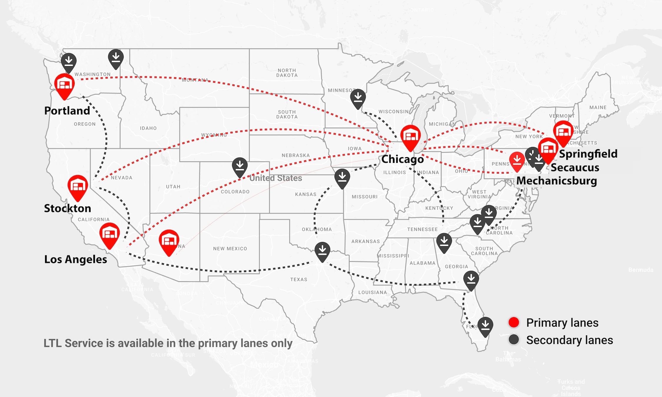 White Arrow lane map: primary lanes between Los Angeles, Stockton, Portland, Chicago, Mechanicsburg, Secaucus and Springfield, with secondary lanes across the rest of the United States.